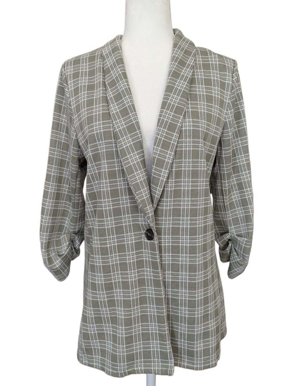 Altard State Womens White Green Plaid Single Button 3/4 Sleeve Blazer Size Large